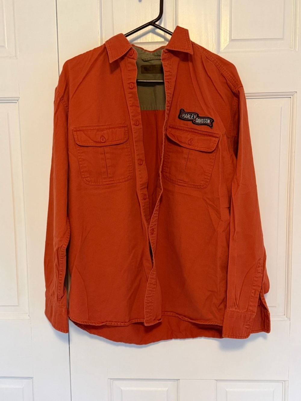 Faded‎ Glory Mens Button Down Shirt Large Red Harley Davidson Patch Workwear